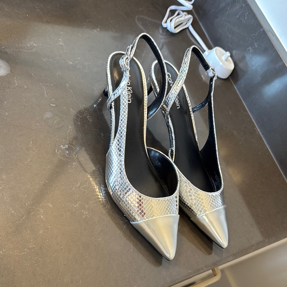 Calvin Klein Silver Snake-Embossed Pointed Toe Slingback Heels